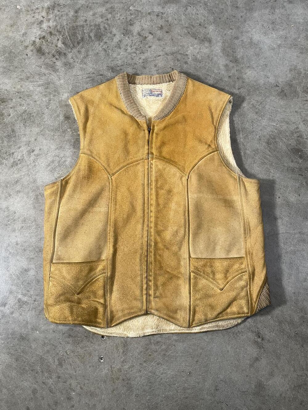 Vintage 60s Sherpa Lined Suede Vest Lightning Zipper M 21x25